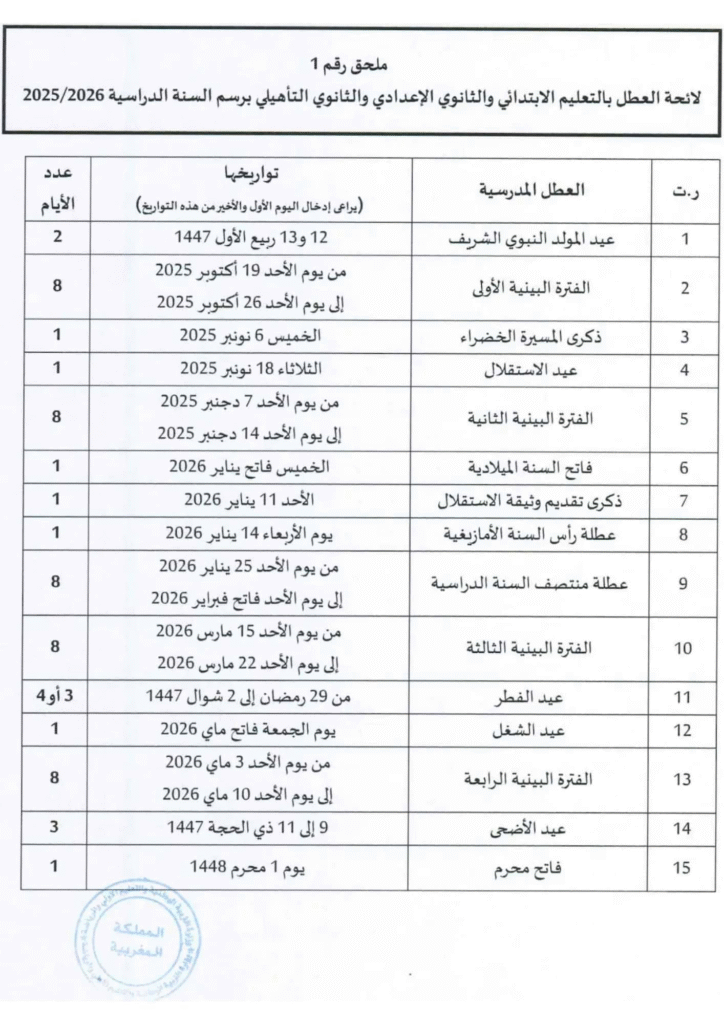  2025 2026 لائحة العطل المدرسية بالمغرب
Vacances Scolaires 2025/2026 au Maroc